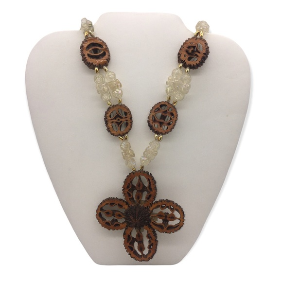 RARE Vintage Walnut Tramp Art Beaded Necklace A4 - Picture 2 of 6
